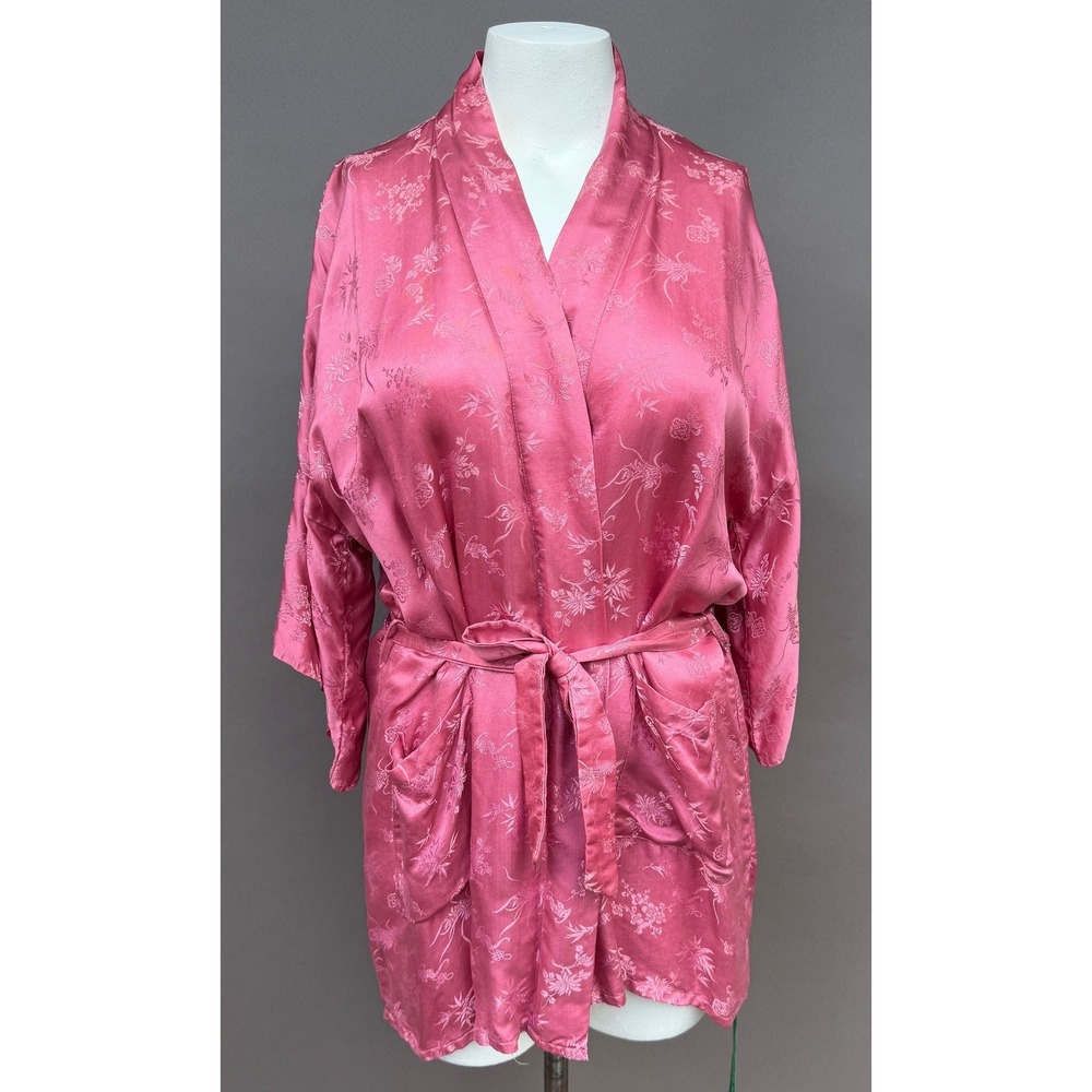 Vintage Pink 100% Silk Floral Jacquard Kimono Robe Large Short Belted Pockets